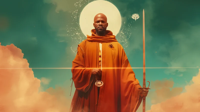A bald Black Ronin Monk in an orange robe standing before a glowing halo moon, sword in hand