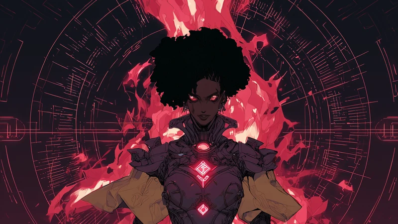 A Black armored figure with glowing red war-emblems standing before radiant frequency-ring diagrams