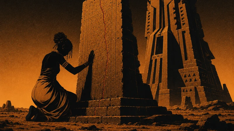 A Black woman kneels with her palm pressed to a carved threshold stone split by a crimson fracture line, before a monumental Afro-futurist resonance tower in amber dusk